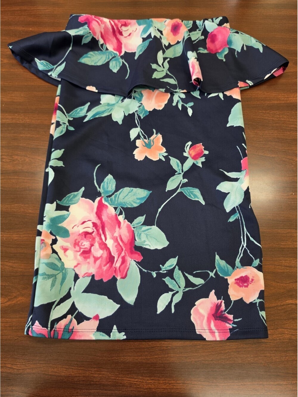 42POPS Floral Mini Dress Womens Small Navy Blue Off The Shoulder Ruffle Cocktail